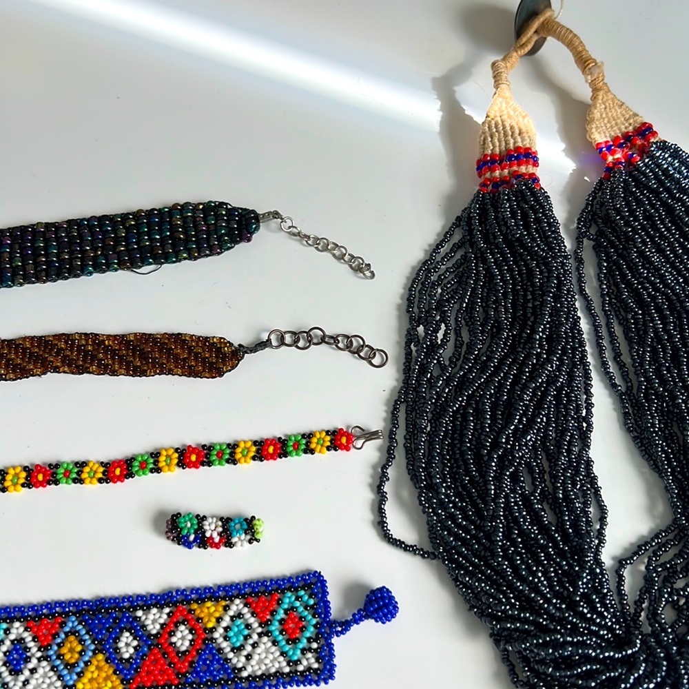 Beaded necklace, choker, bracelet, ring